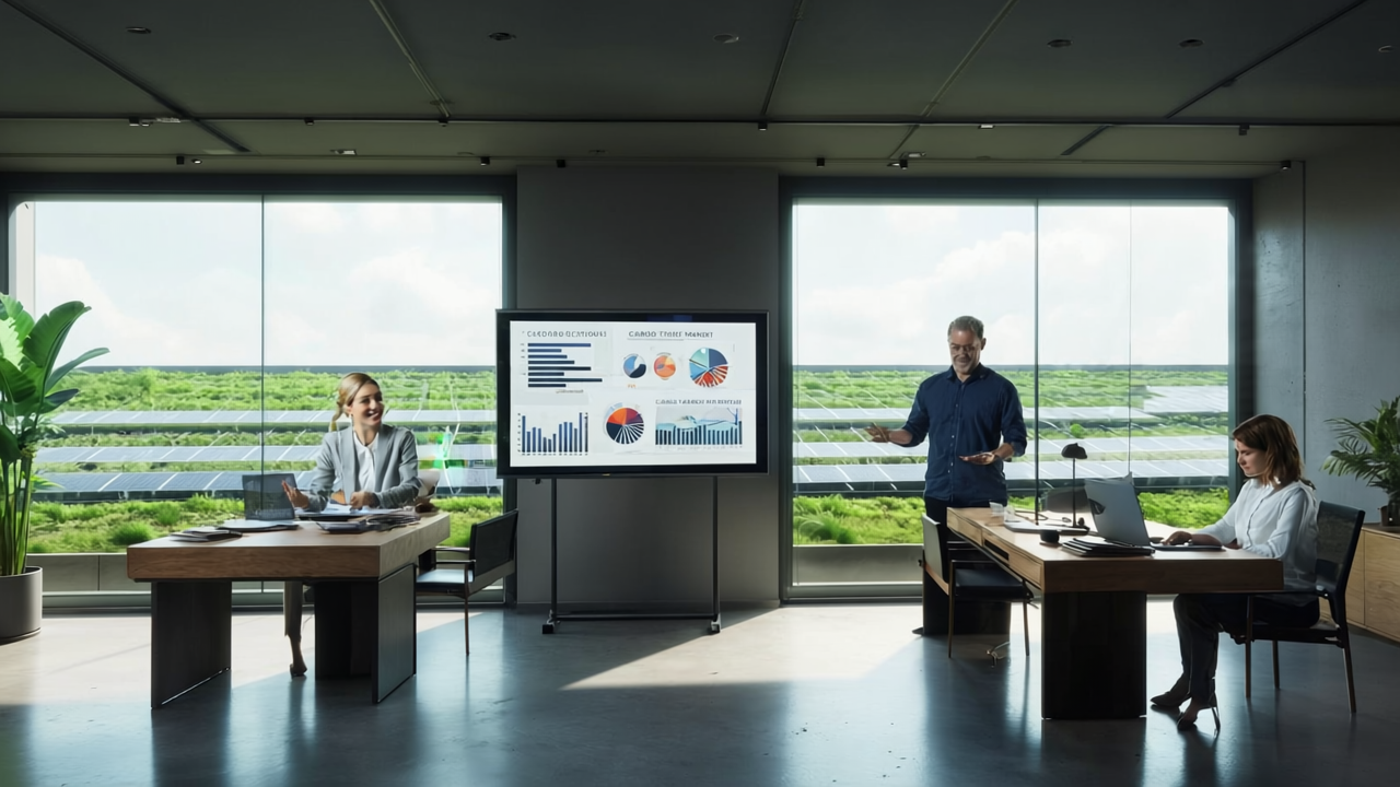 Professional team analyzing carbon credit market data and sustainability metrics